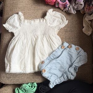 Haute Hippie White Eyelet Smocked Puff Sleeve Blouse and seersucker shorts